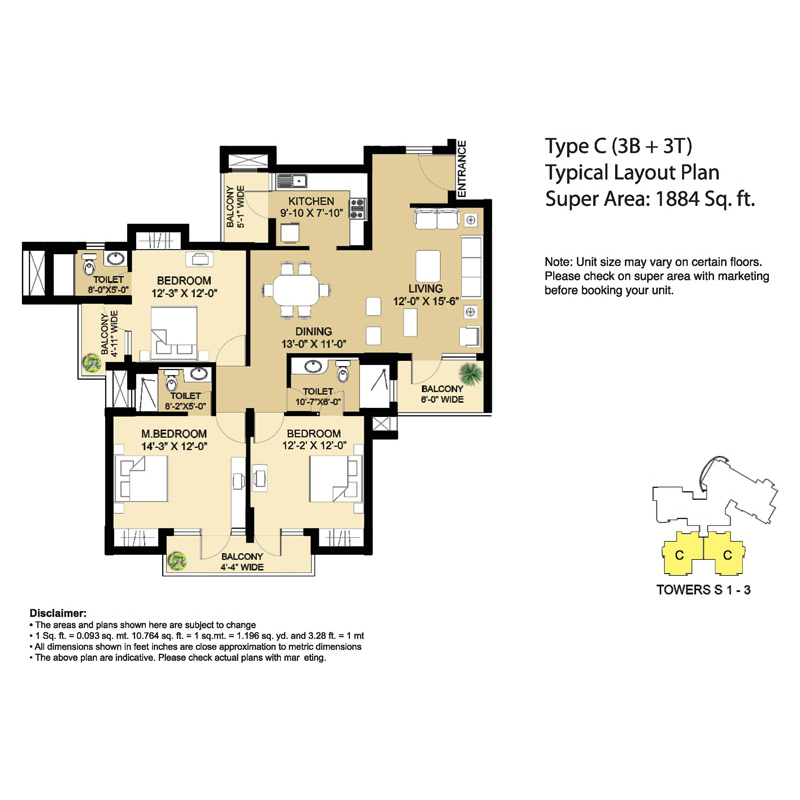 Type - C (3B + 3T) Super Area